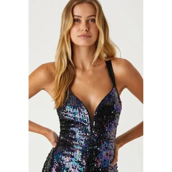 🪩💋70s GLAM DISCO ERA!💋🪩 High-Shine Iridescent Black Sequin Lace-Up Jumpsuit - Picture 5 of 10